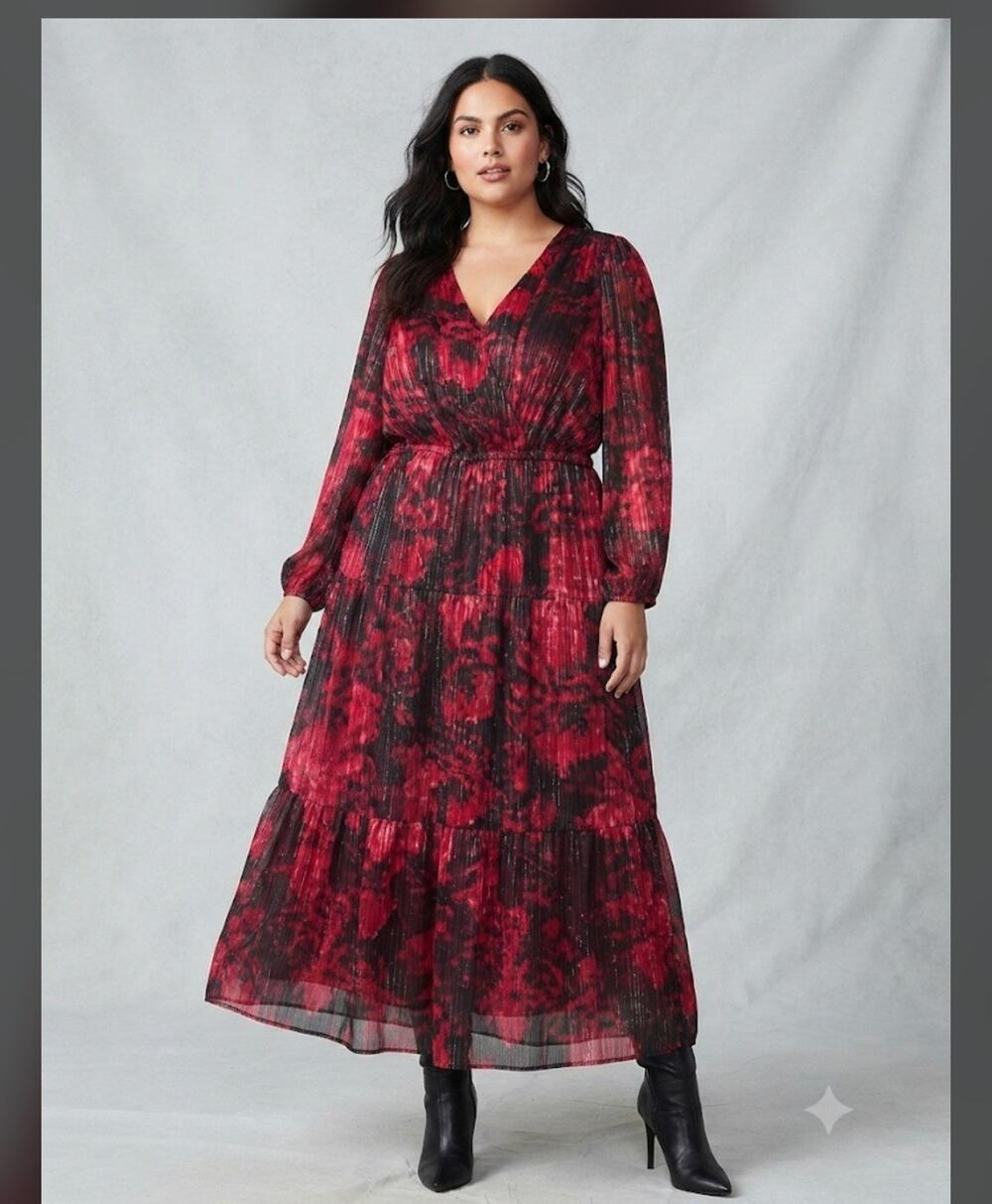 Lane Bryant Women’s Plus 24 Red/Black Floral Pleated V-Neck Midi Maxi Dress